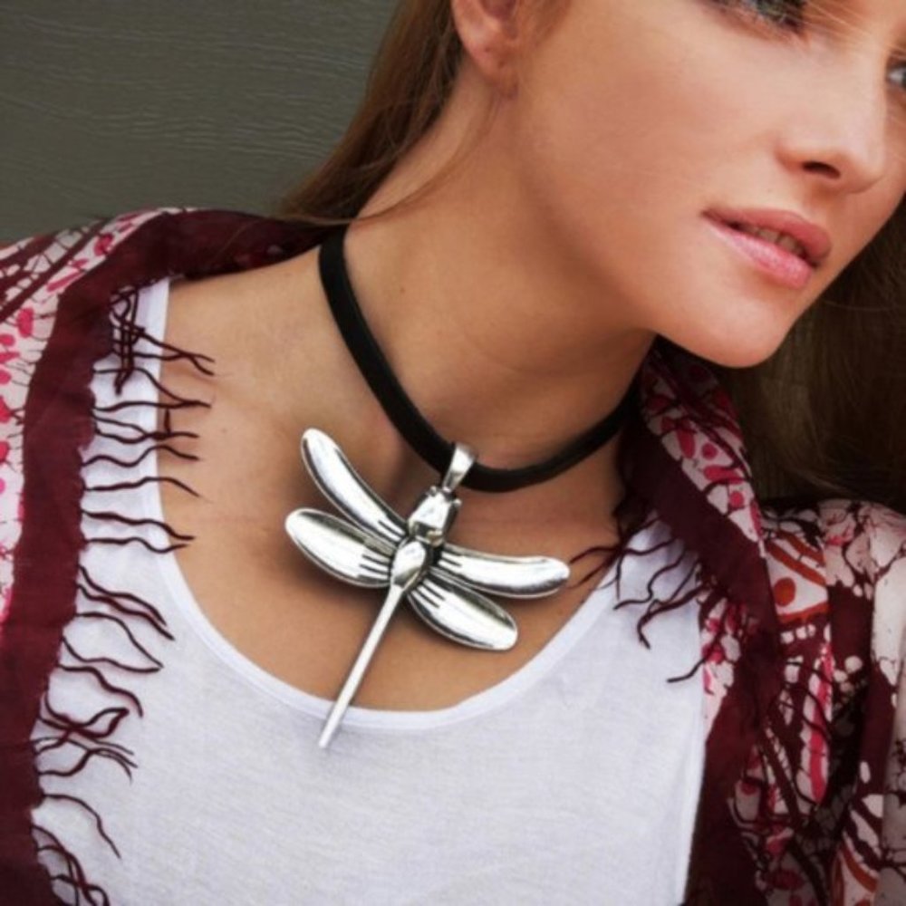 Contemporary Necklace Genuine Leather Choker Large Silver Pendant Dragonfly